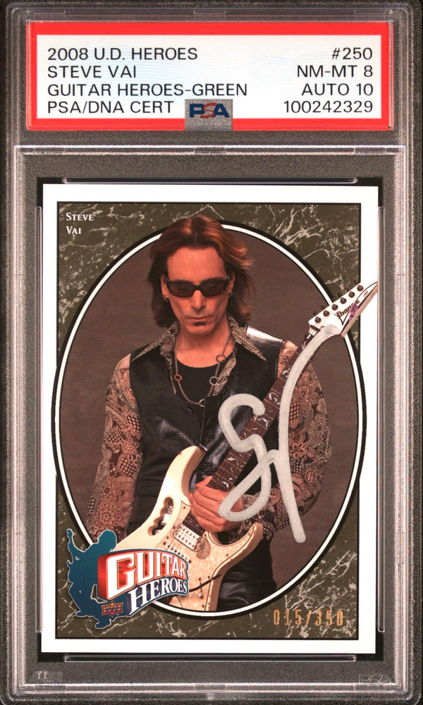 2008 Upper Deck Guitar Heroes #250 Steve Vai Green Auto /350 PSA 8/10 NM-MT