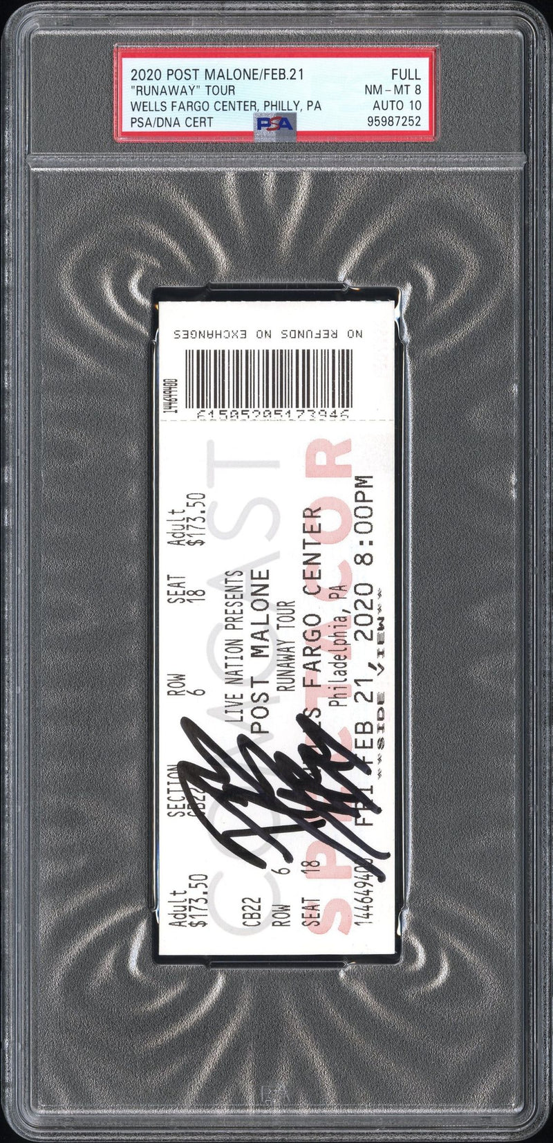 Post Malone Signed Autographed Full Ticket “Runaway” Tour 2/21/20 PSA 8/10 Near Mint