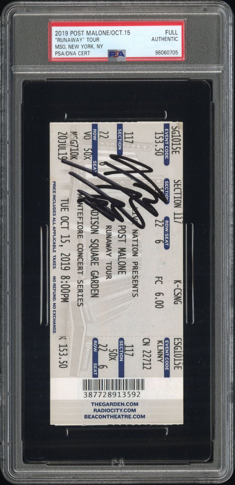 Post Malone Signed Autographed Full Ticket “Runaway” Tour 10/15/19 PSA/DNA Authenticatted