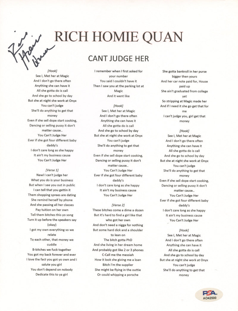 Rich Homie Quan Signed Autographed 8.5x11 Lyric Sheet “Cant Judge Her” PSA/DNA Authenticated