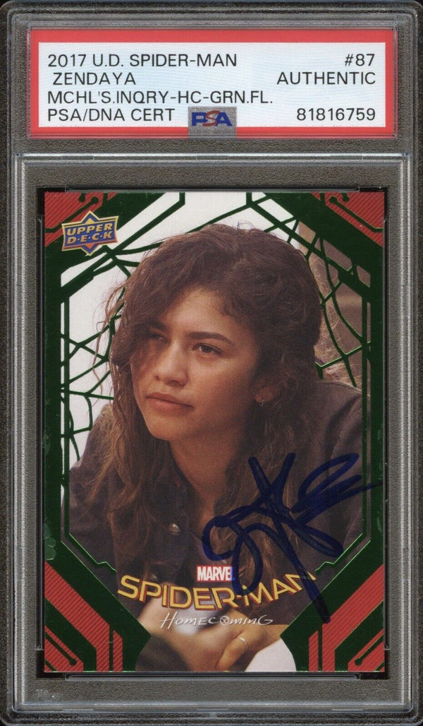 2017 U.D. Spider-Man #87 Zendaya Michelle’s Inquiry Green Foil Auto PSA/DNA Authentic