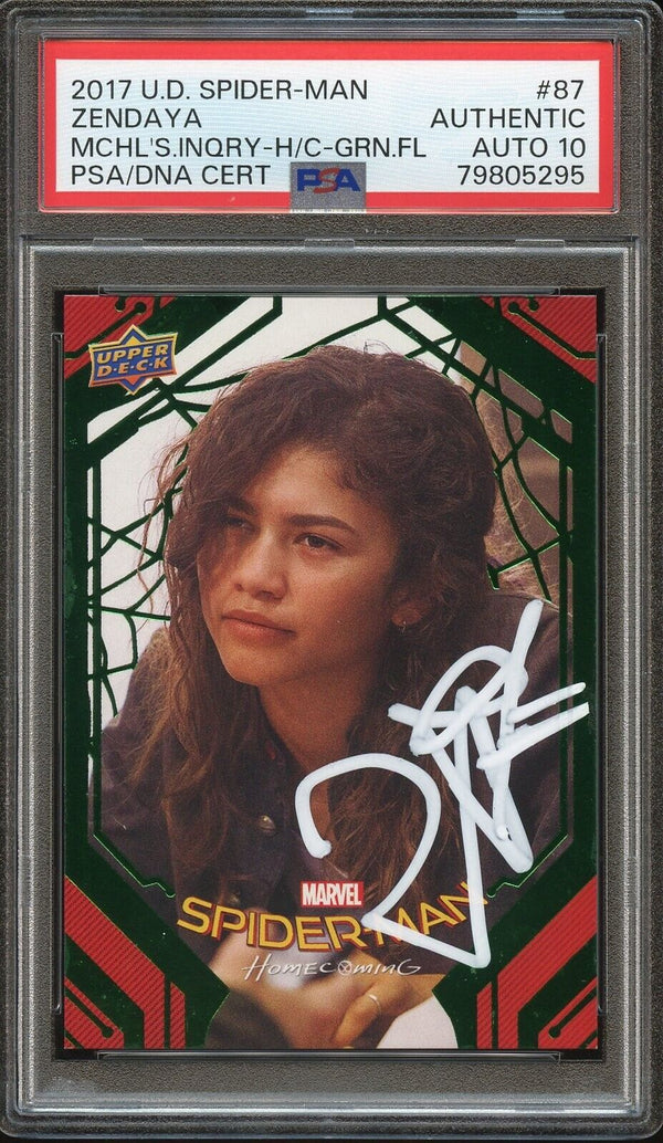 2017 U.D. Spider-Man #87 Zendaya Michelle’s Inquiry Green Foil Auto PSA/DNA 10 Gem Mint