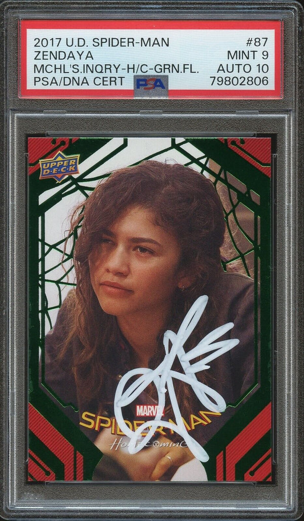 2017 U.D. Spider-Man #87 Zendaya Michelle’s Inquiry Green Foil Auto PSA 9/10 Mint