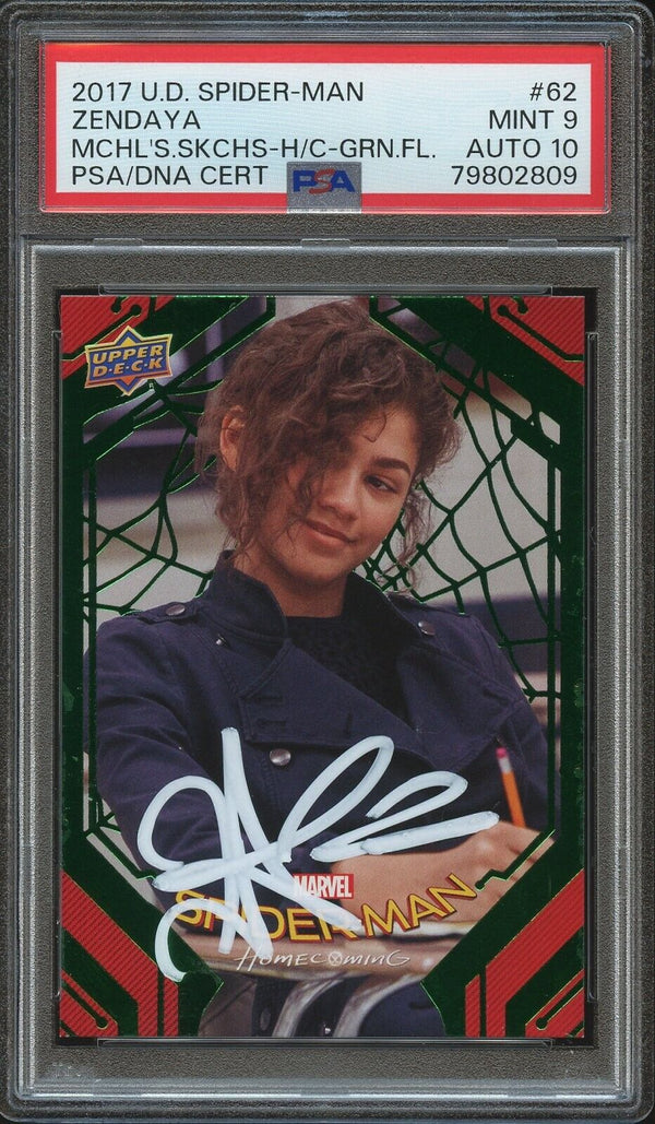 2017 U.D. Spider-Man #87 Zendaya Michelle’s Sketches Green Foil Auto PSA 9/10 Mint