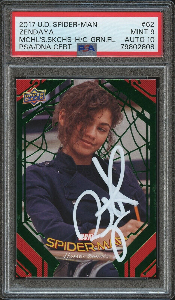 2017 U.D. Spider-Man #87 Zendaya Michelle’s Sketches Green Foil Auto PSA 9/10 Mint