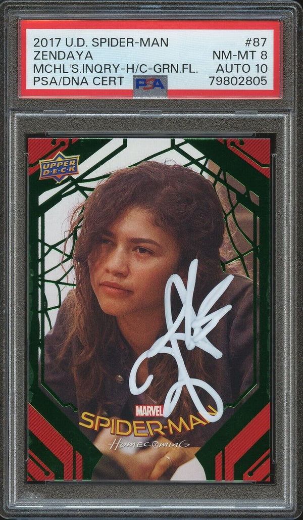 2017 U.D. Spider-Man #87 Zendaya Michelle’s Inquiry Green Foil Auto PSA 8/10 Near Mint