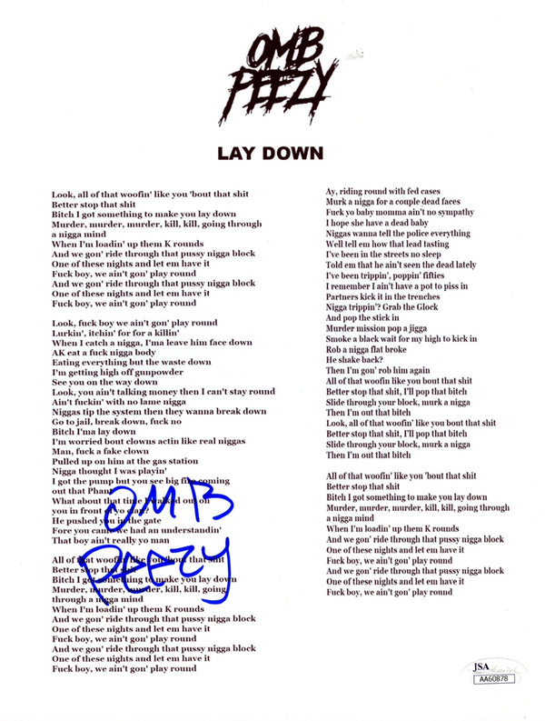 OMB Peezy Signed Autographed 8x10 “Lay Down” Lyric Sheet JSA Authenticated