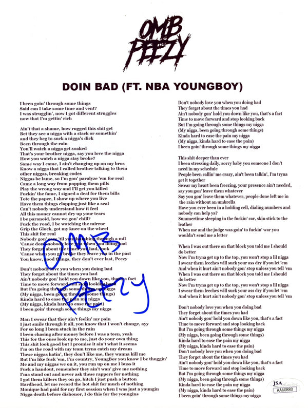 OMB Peezy Signed Autographed 8x10 “Doin Bad” Lyric Sheet JSA Authenticated