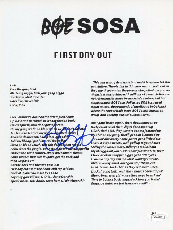 BOE Sosa Signed Autographed 8x10 Lyric Sheet "First Day Out" JSA Authenticated