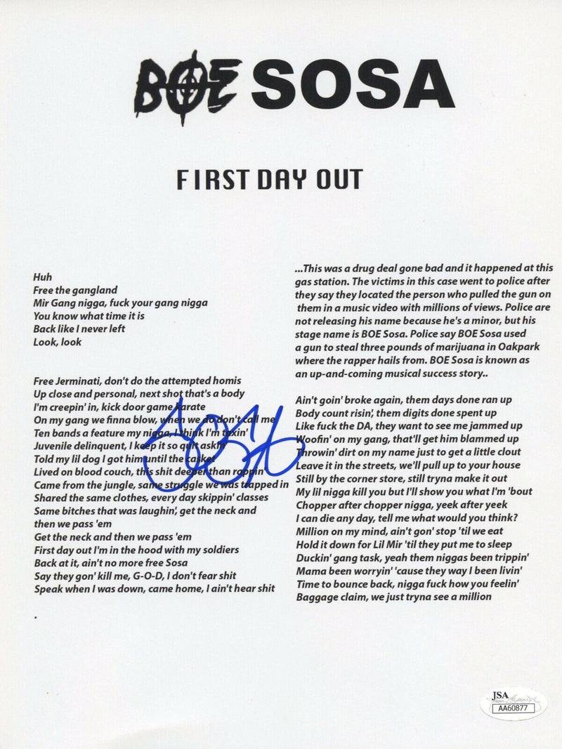 BOE Sosa Signed Autographed 8x10 Lyric Sheet "First Day Out" JSA Authenticated