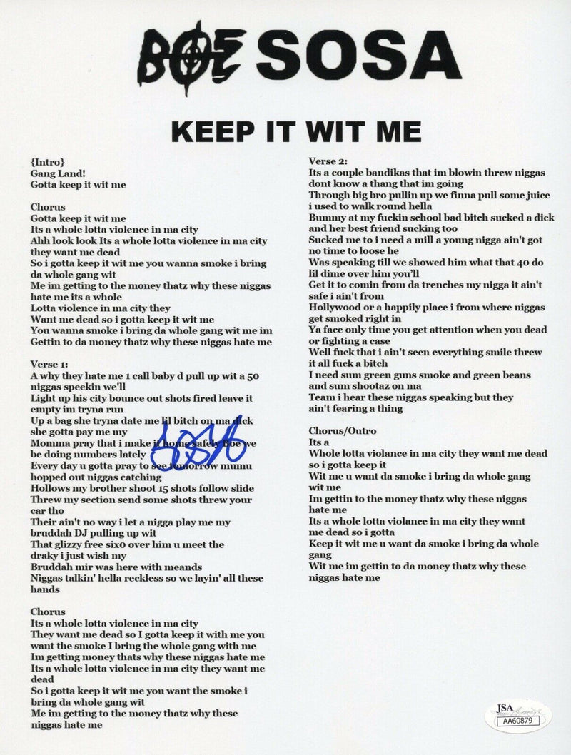 BOE Sosa Signed Autographed 8.5x11 Lyric Sheet "Keep It Wit Me" JSA Authenticated